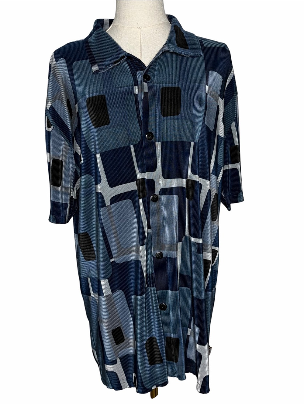 Vintage 90s Blue Geometric Print Collared Buttondown Shirt Goth Emo Retro